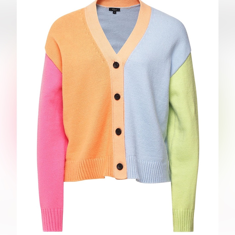 Colorblock V-Neck Button Cardigan Sweater - Pink, Orange, Blue, Green